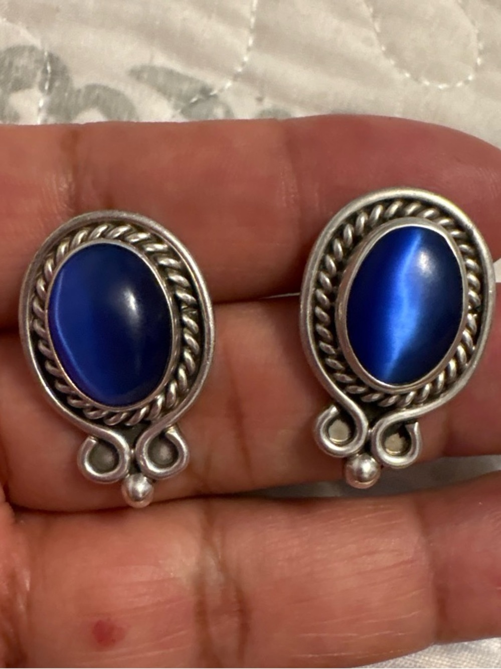 Vintage Mexico Sterling Silver And Blue
Cat Eye Stone Stud Earrings